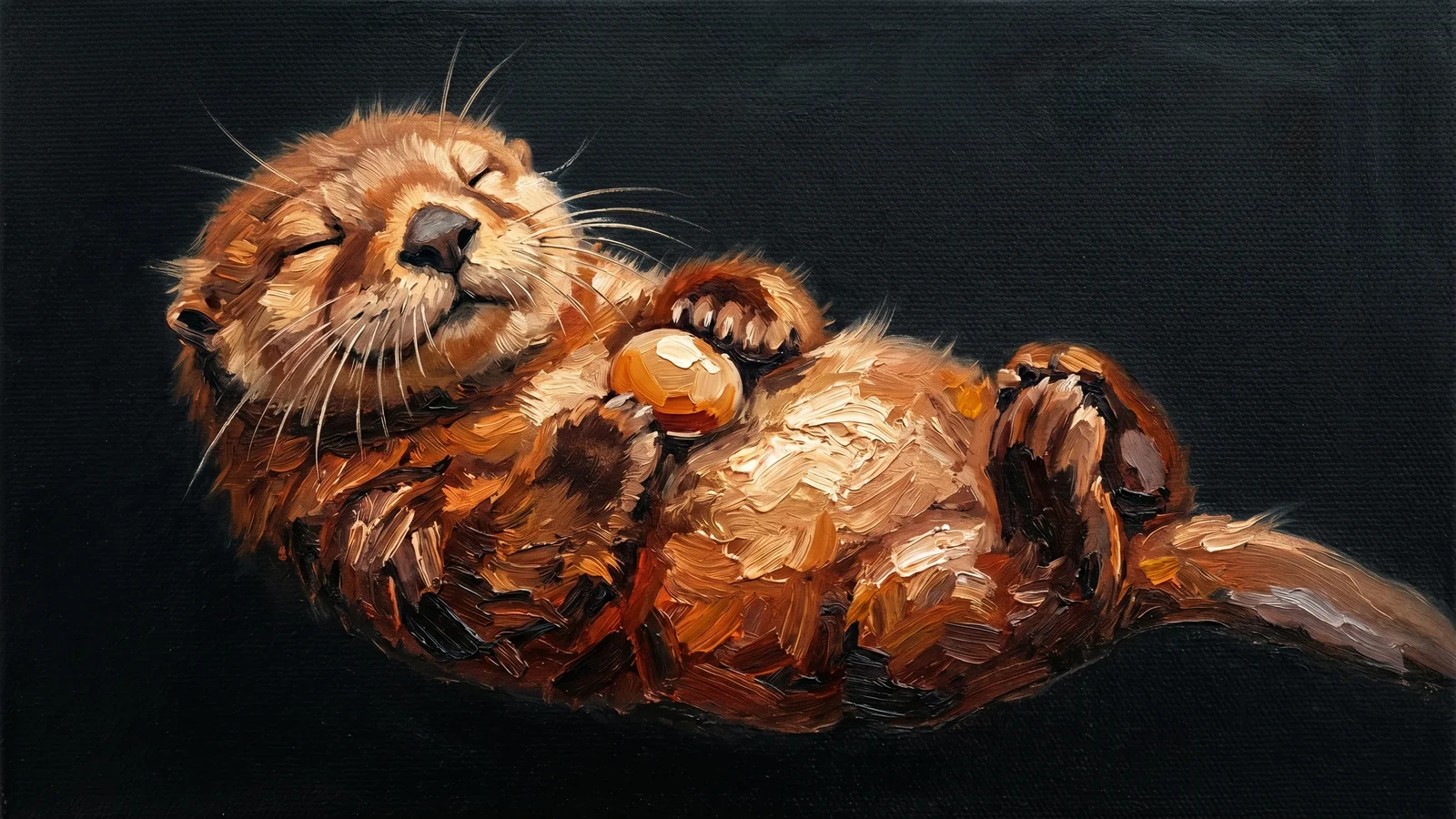 Oil painting of a sea otter floating on its back, eyes closed in bliss, cradling a single small pebble to its chest.
