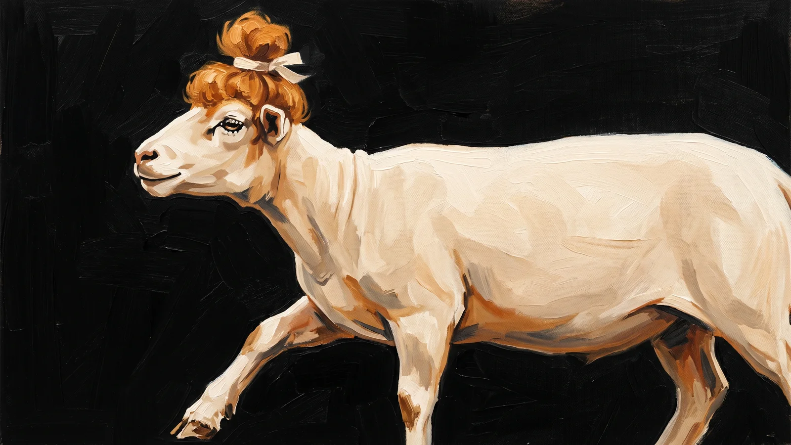 Oil painting of a freshly-shorn sheep striding proudly with a single small topknot of amber wool left on its head.