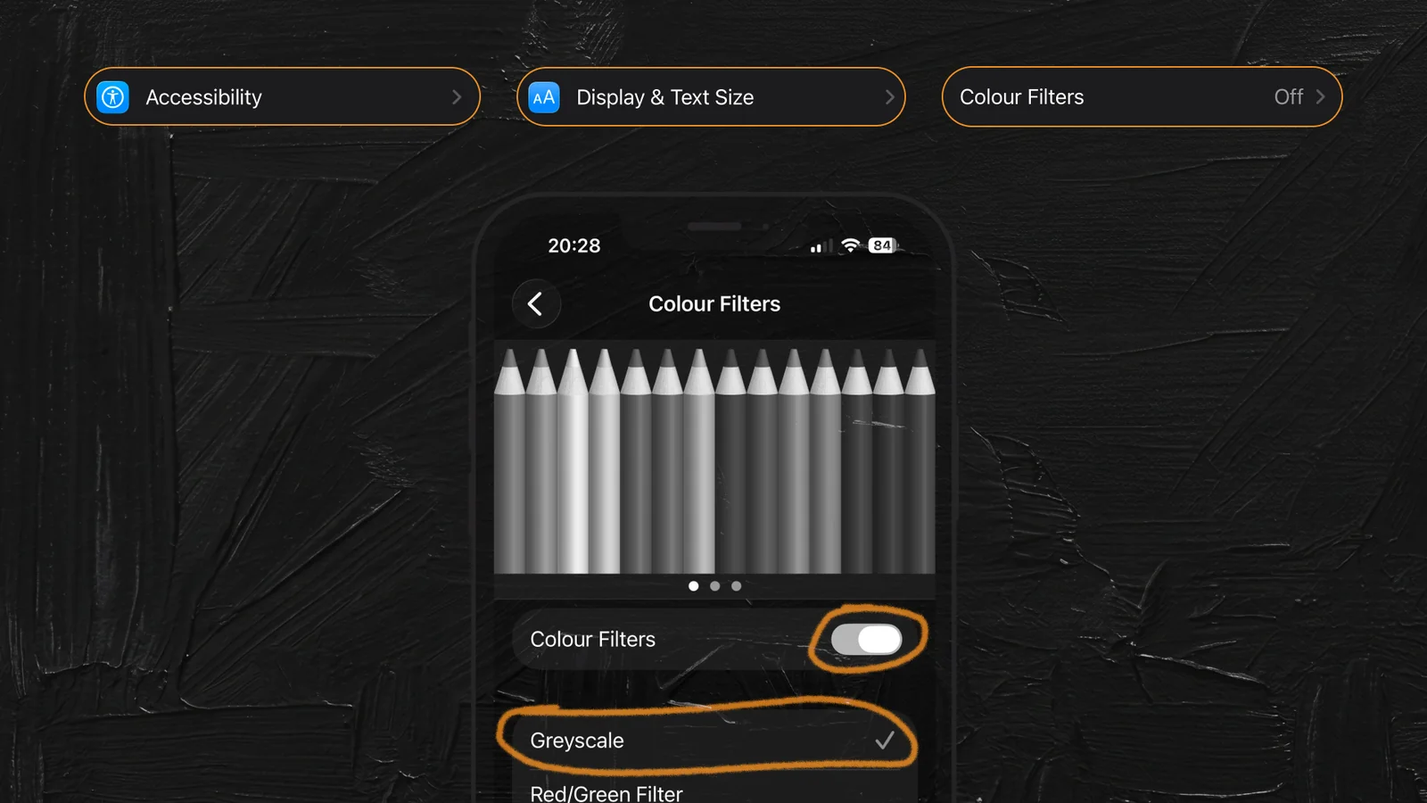 iOS Settings screen: Accessibility → Display and Text Size → Colour Filters, with the Greyscale option selected and the Colour Filters toggle turned on.