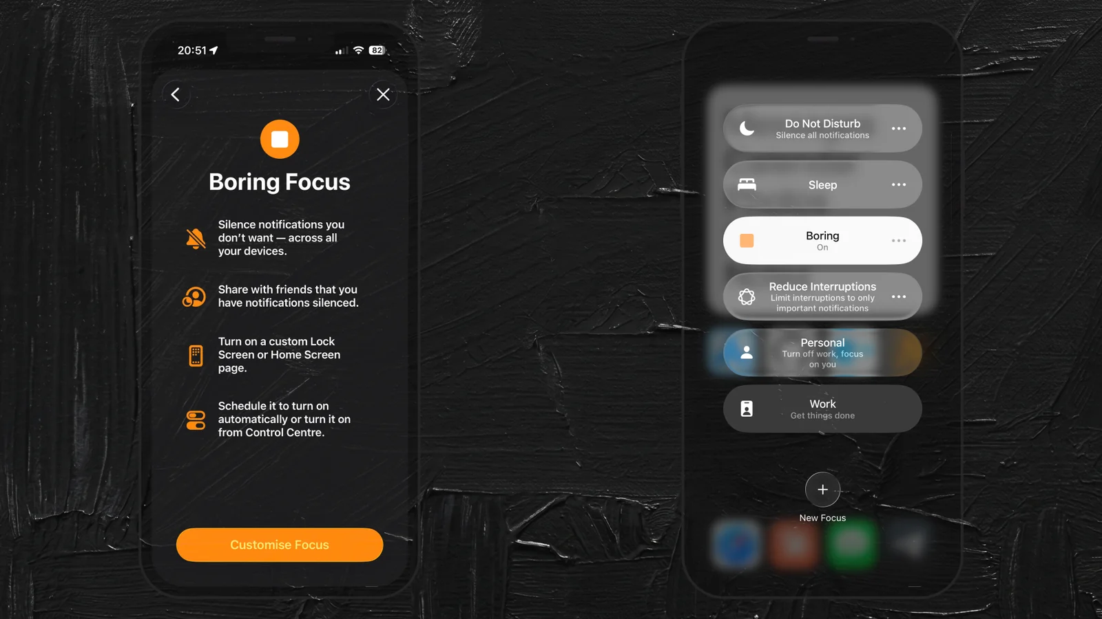 iOS Focus Mode setup: a custom Focus named Boring, shown beside the Focus list where Boring sits alongside Do Not Disturb, Sleep, Personal, and Work.