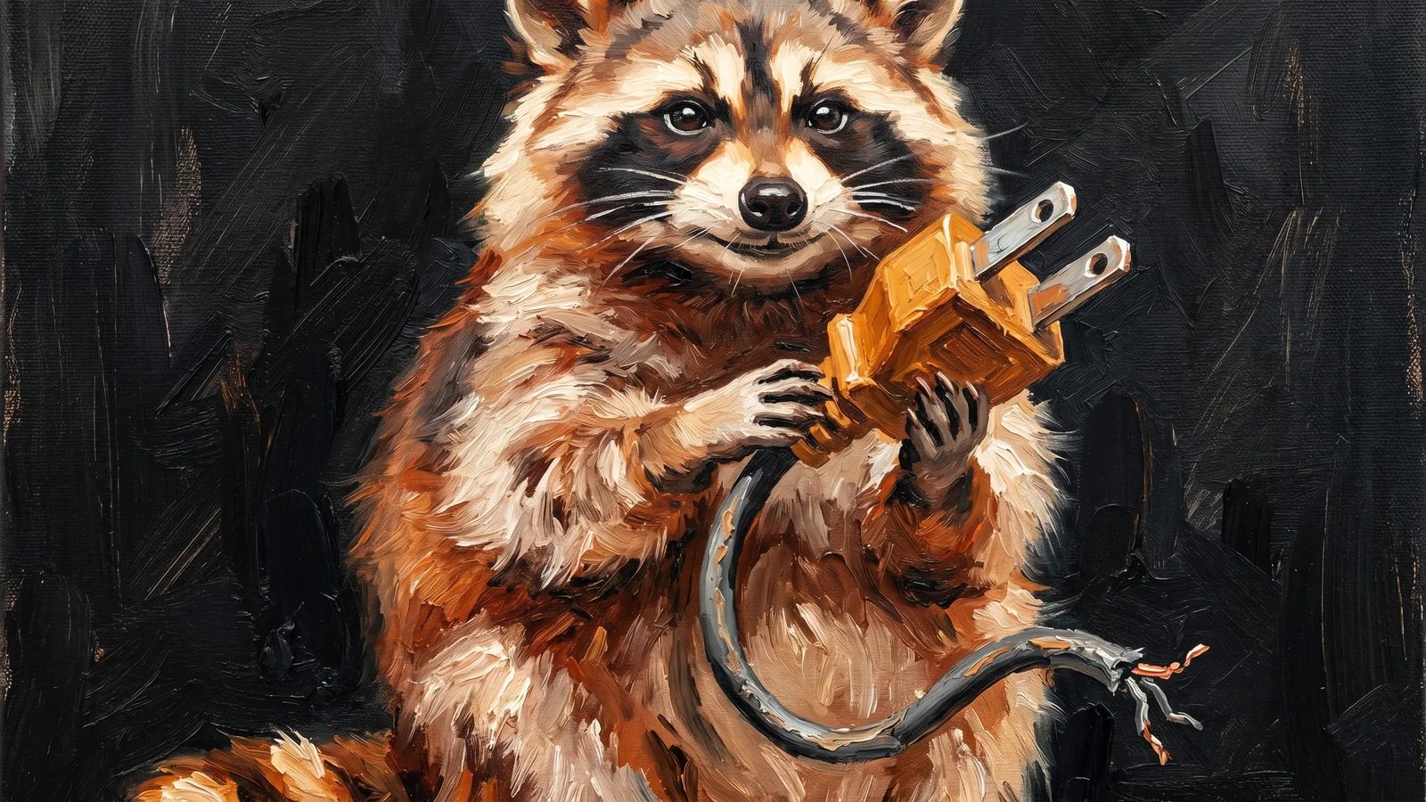 Oil painting of a raccoon standing upright, gripping a large amber power plug in both front paws, a severed cord trailing down and off the frame.