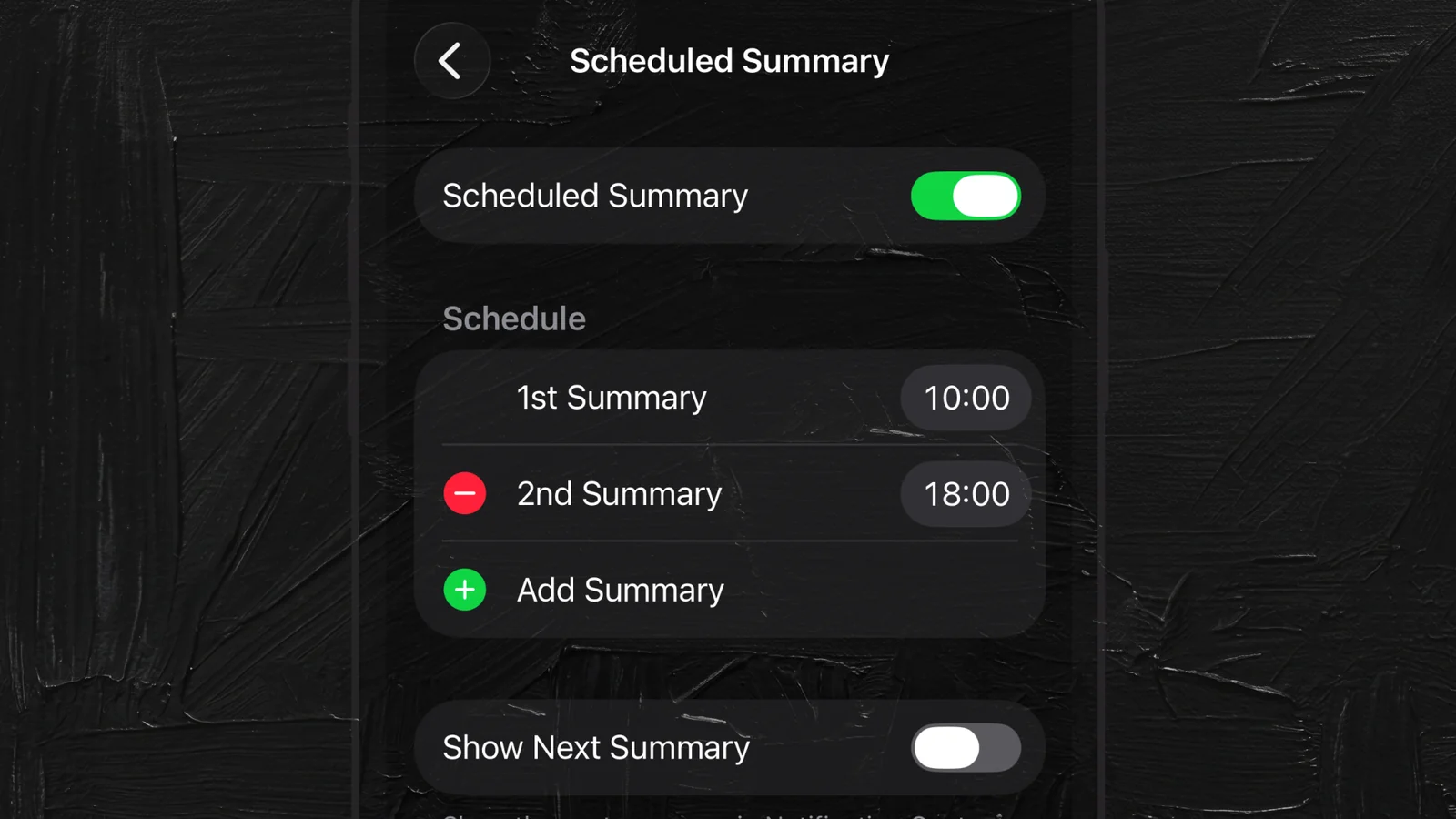 iOS Scheduled Summary settings with the feature toggled on and two delivery windows configured at 10:00 and 18:00.