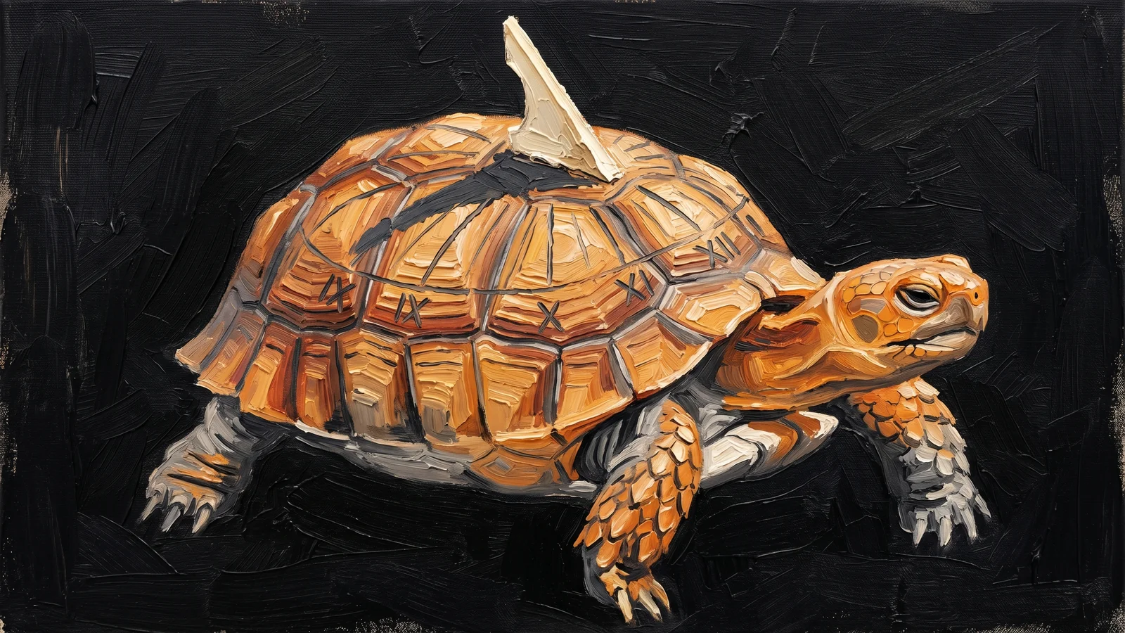 Oil painting of a tortoise with a sundial-patterned shell, a cream brass gnomon standing upright at the center of its back, color visibly draining from its legs as the shadow crosses 9.