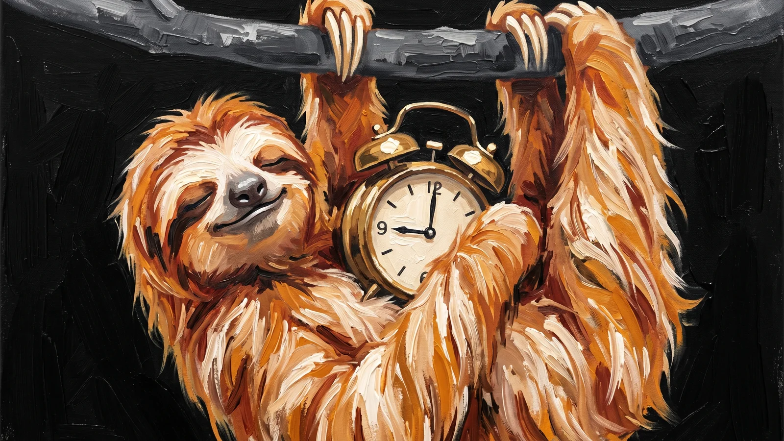 Oil painting of a shaggy sloth hanging upside-down from a branch, eyes closed in a serene smile, clutching a brass alarm clock set to exactly 9 o'clock.